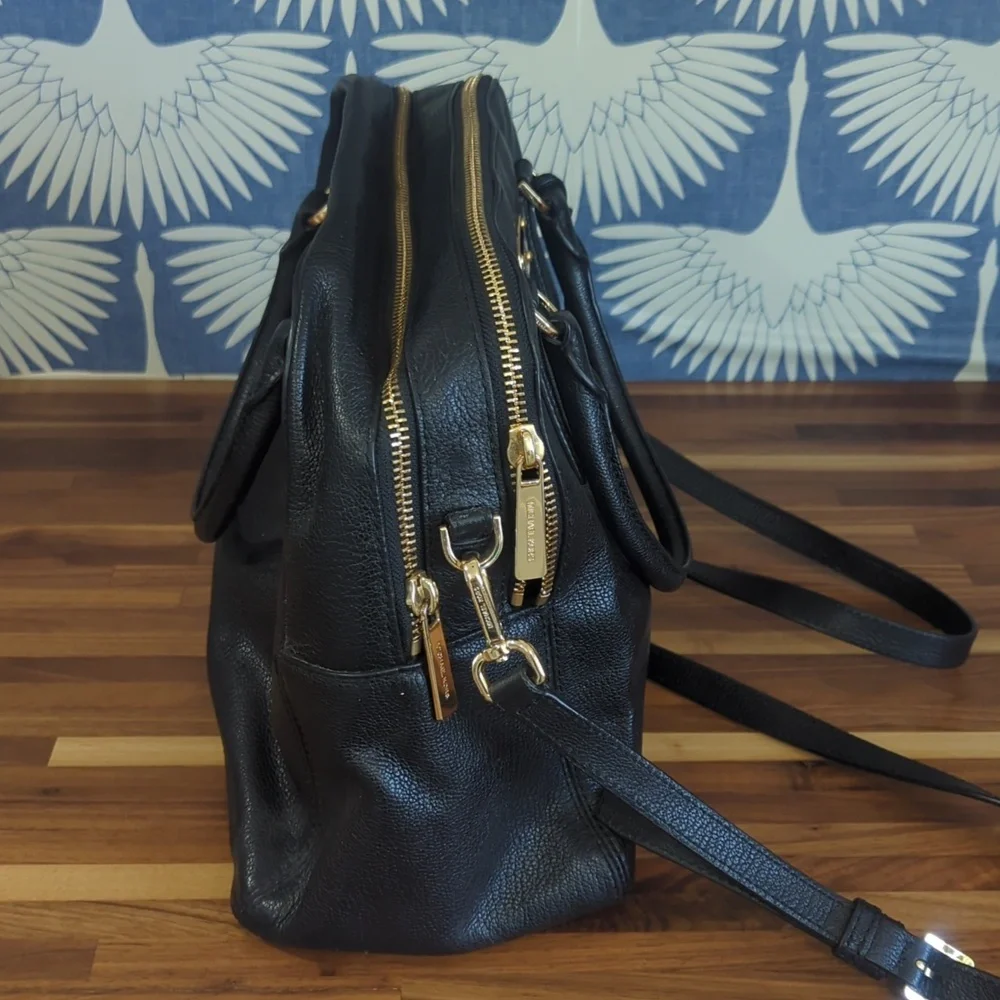 Michael Kors black and gold leather two zipper compartment satchel large…